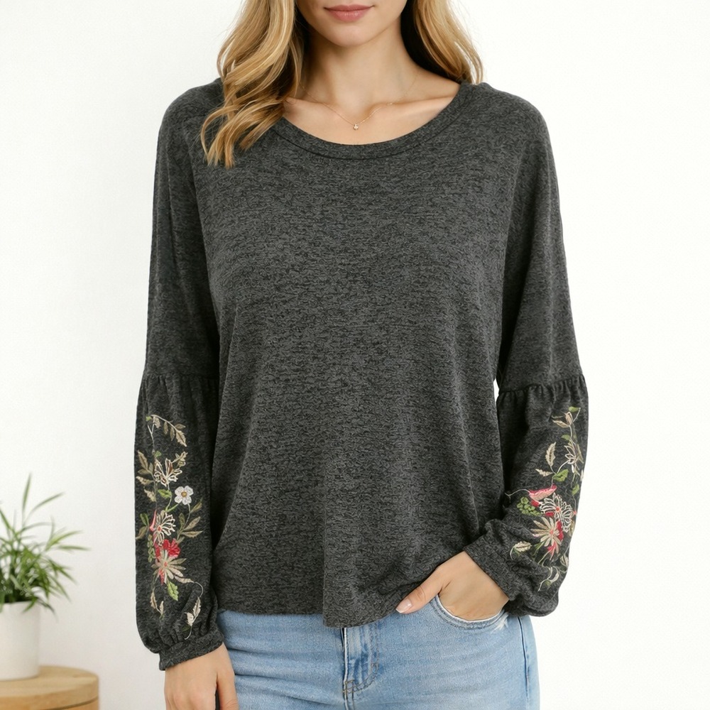 Time and Tru Womens XXL Charcoal Floral Embroidered Balloon Sleeve Knit Top - Picture 3 of 13